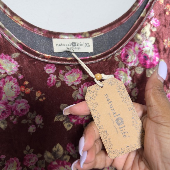 NEW Natural Life Women Velvet Floral Tiered Maxi Dress XL Burgundy Bohemian - Picture 5 of 12